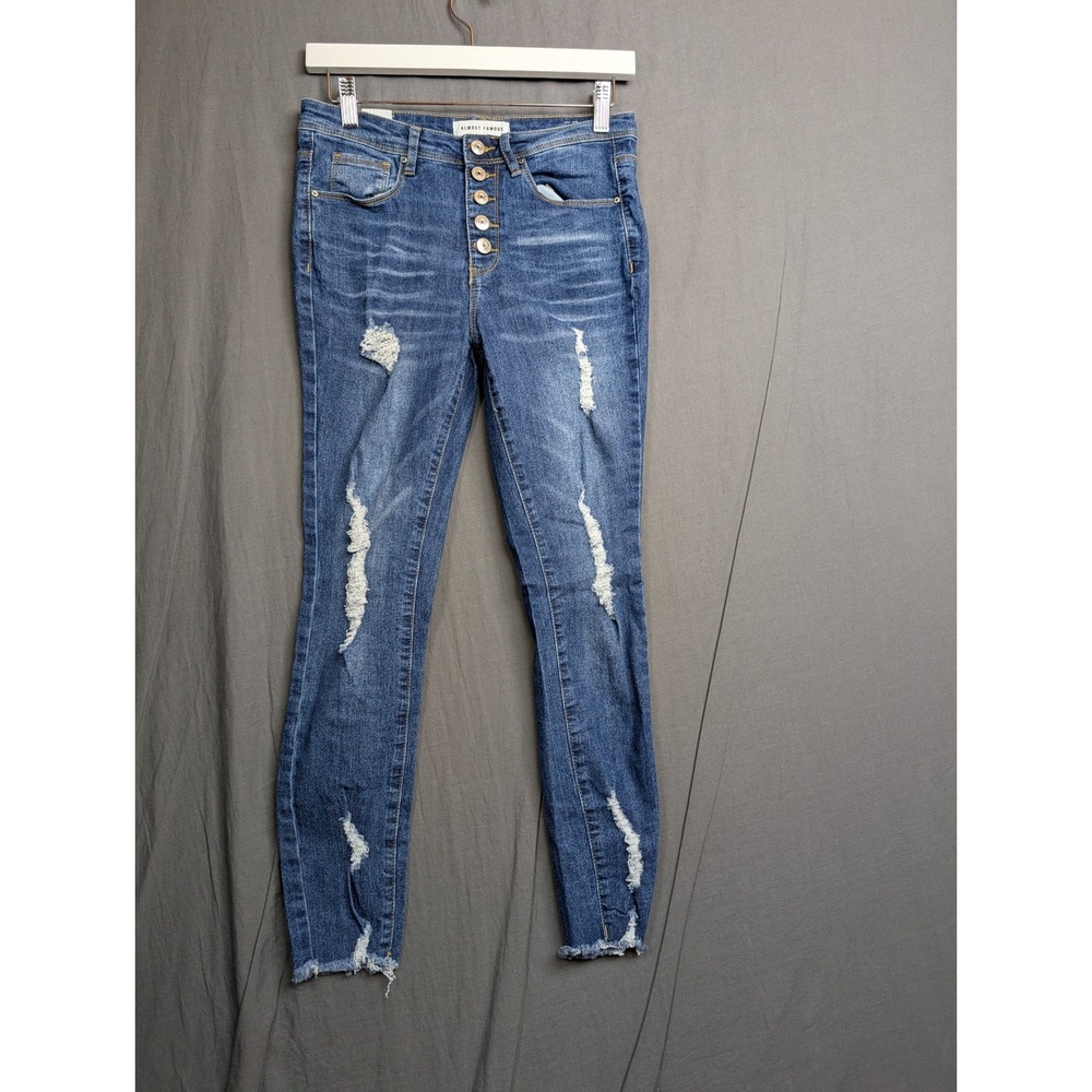 Almost Famous Womens High Rise Skinny Distressed Button Fly Jeans Medium Wash